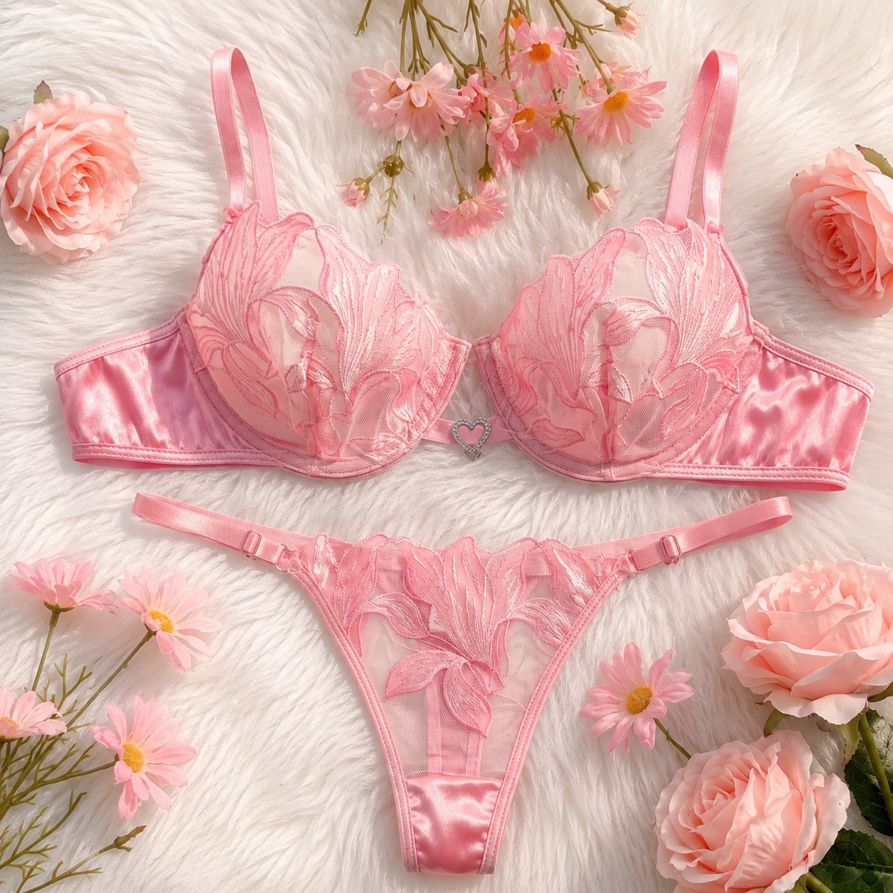 Lily Embroidered Sheer Mesh Bra & Panty Set – Heart Charm Lingerie Set