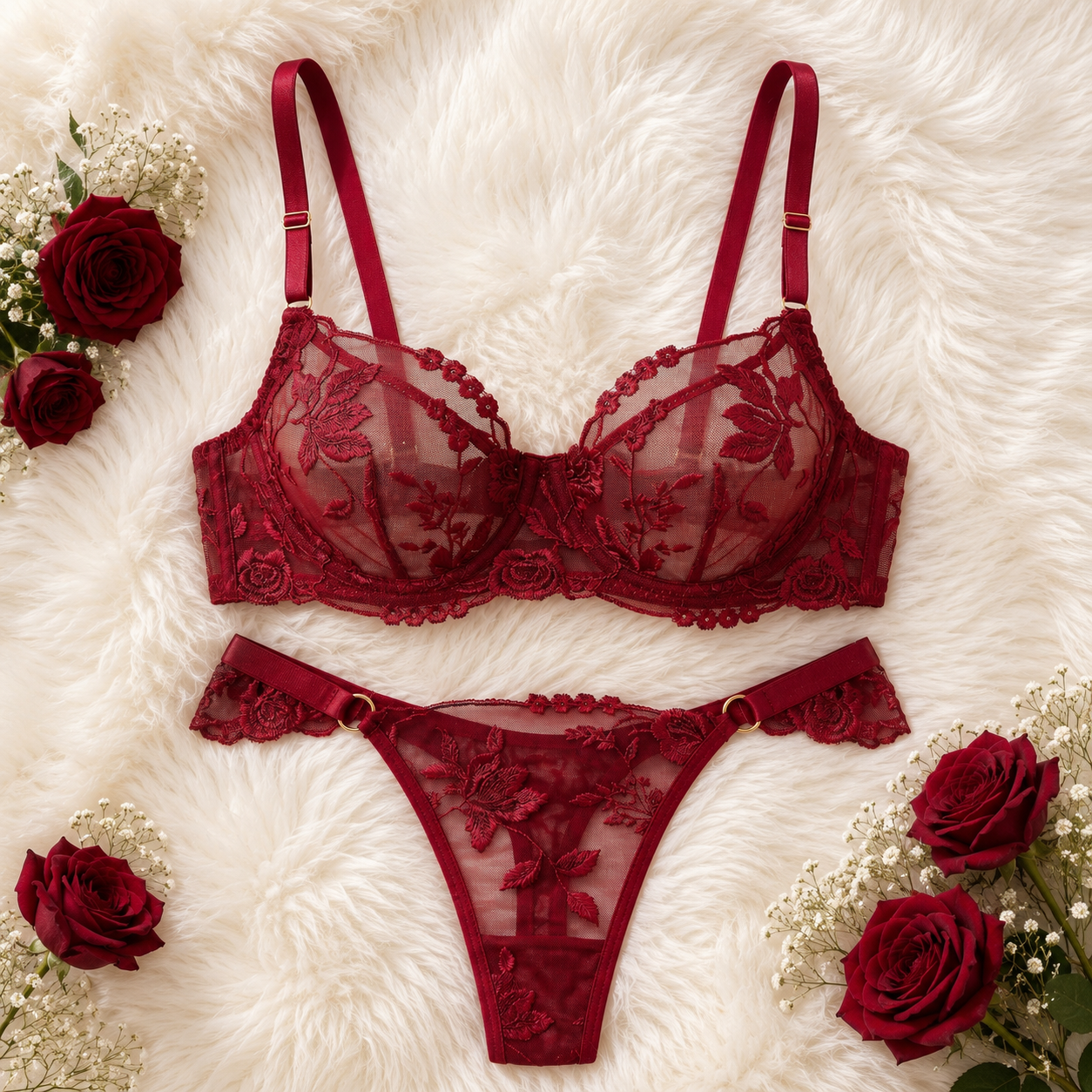 Floral Lace Collection – Sheer Bra & Thong Sets (Black, Green, Navy Blue, Crimson Red)