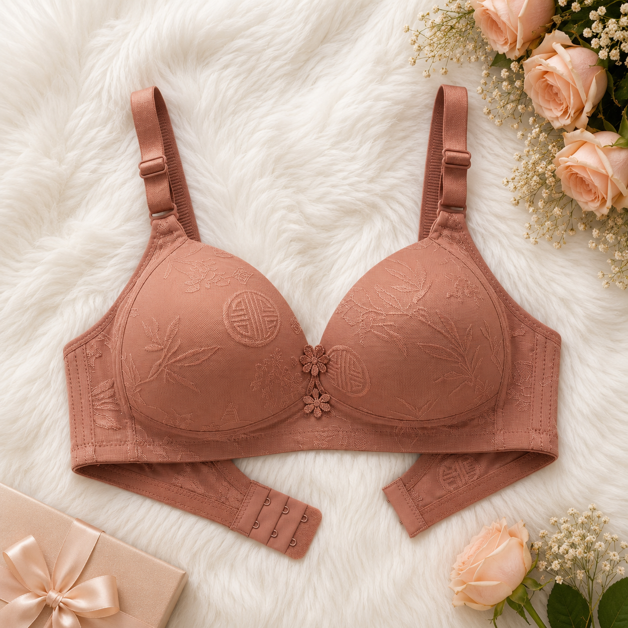Floral Jacquard Bra Collection with Pearl Charm – 10 Colors (Beige, Black, Coffee Brown, Dark Grey, Dusty Pink, Lake Blue, Light Grey, Light Pink, Olive Green, Red)