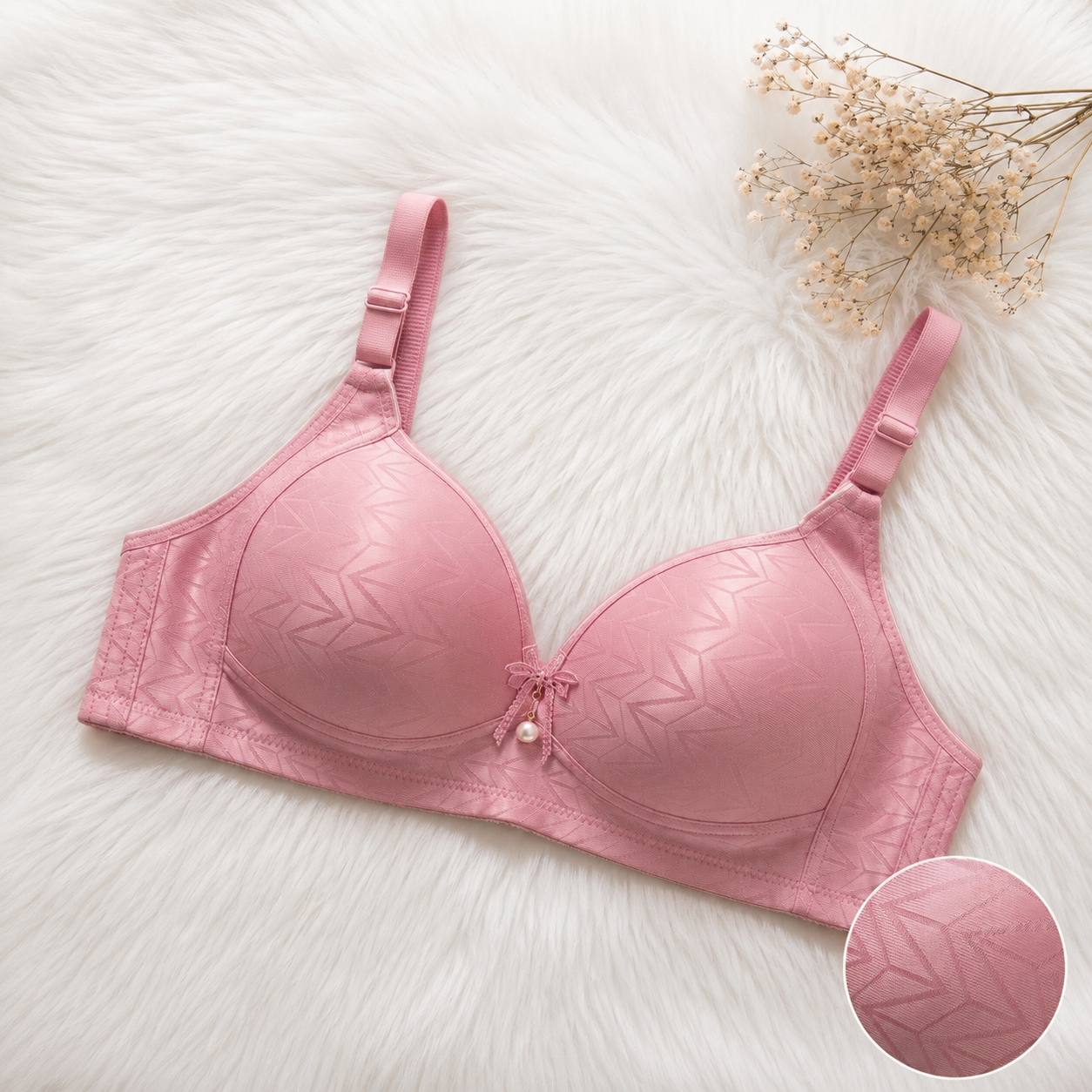 Chevron Jacquard Smooth Bra with Bow Detail – 6 Colors (Beige, Black, Brown, Grey, Maroon, Pink)