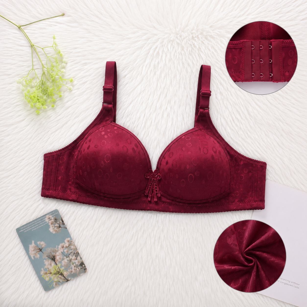 Jacquard Front Closure Bra – Full Coverage Underwire Bra with Bow & Pearl Detail